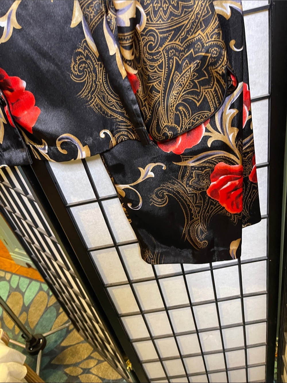 Black Satin Home Accent Panel with Red Rose & Gold Paisley Print